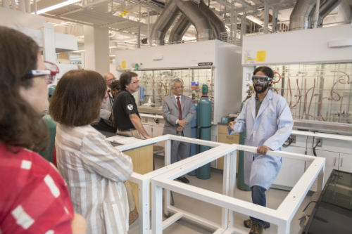 Tariq Bhatti GSNB'21 leads visitors on a tour in the new Chemistry and Chemical Biology building  Tariq Bhatti GSNB'21 leads visitors on a tour in the new Chemistry and Chemical Biology building
