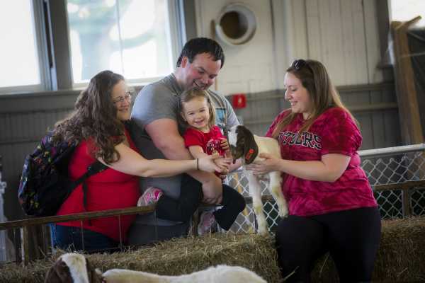 Samantha Kern lets Kathleen, John, and Abigail O'Connell pet a baby lamb at the Petting Zoo Roundhouse