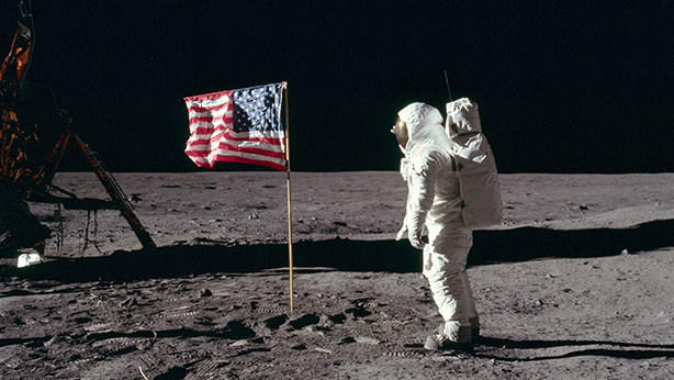 Buzz Aldrin salutes the U.S flag on the Moon 