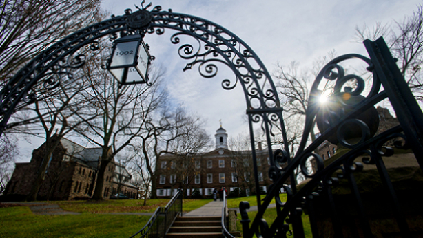 Rutgers University–New Brunswick’s Old Queens building, visible behind the Class of 1902 Memorial Gateway 